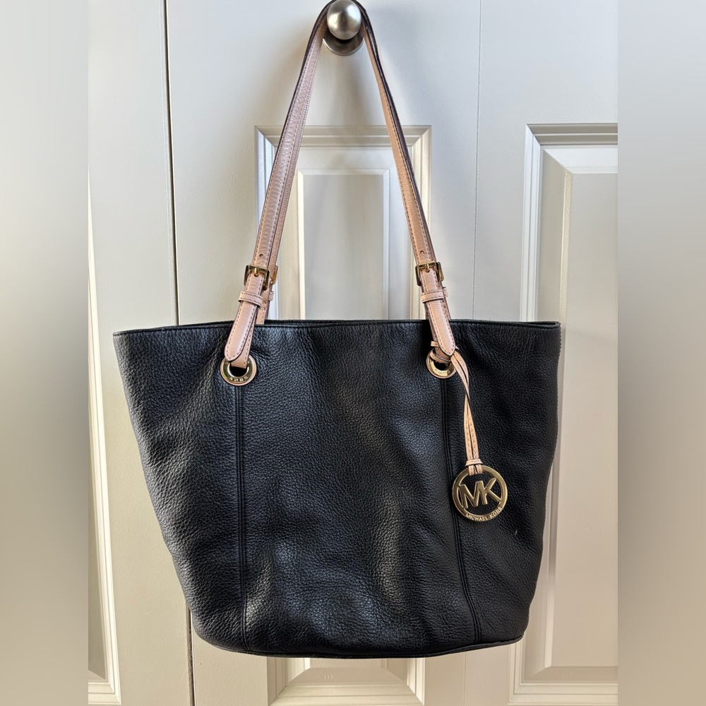 Michael Kors Black Pebbled Leather Tote with Gold Charm